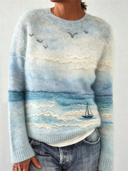 Damen Vintage Segelboot Seascape Woll-Kunstdruck Pullover mit Rundhals ausschnitt