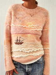 Damen Vintage Sunset Seascape Woll-Kunstdruck Pullover mit Rundhals ausschnitt