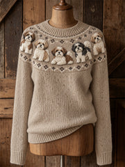 Damen Vintage Shih Tzu Dogs Yoke Isle Print Gemütlicher Pullover mit Rundhals ausschnitt