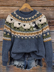 Damen-Vintage-Pullover mit Rundhalsausschnitt, Motiv: Border Collie und flauschige Schafe, Yoke-Isle-Print