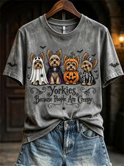 Frauen Yorkies, weil Menschen gruselige Halloween-Hunde sind, drucken kurz ärmel iges T-Shirt