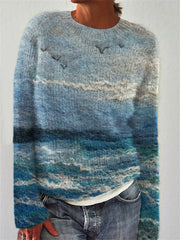 Damen Vintage Möwen Seascape Woll-Kunstdruck Pullover mit Rundhals ausschnitt
