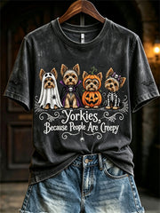 Frauen Yorkies, weil Menschen gruselige Halloween-Hunde sind, drucken kurz ärmel iges T-Shirt