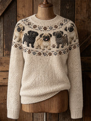 Damen Vintage Mops Dogs Yoke Isle Print Gemütlicher Pullover mit Rundhals ausschnitt