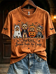 Frauen Yorkies, weil Menschen gruselige Halloween-Hunde sind, drucken kurz ärmel iges T-Shirt