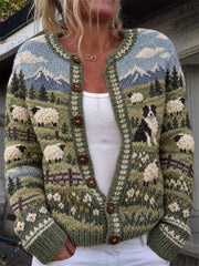 Damen Vintage Border Collie & Fuzzy Sheep Strickjacke im Landschafts druck