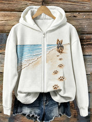 Frauen Yorkie Dog Beach Walking Paw Drucke mit vollem Reiß verschluss Hoodie