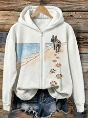 Damen französische Bulldogge Beach Walking Paw Drucke mit vollem Reiß verschluss Hoodie