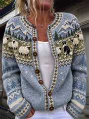 Frauen Vintage Border Collie & Fuzzy Sheep Landschaft Isle Print Strickjacke im Stil