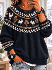 Frauen Nordic Woodland Ziege & Leaf Fuzzy Crewneck Pullover