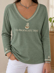 Damen-T-Shirt mit V-Ausschnitt und Pflanzen-Liebhaber-Print
