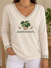 Damen-T-Shirt mit V-Ausschnitt und Pflanzen-Liebhaber-Print