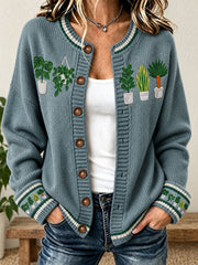 Damen-Strickjacke im Stil von Pflanzen-Liebhaber-Kunst bedruckte Strickjacke