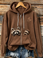 Frauen niedlicher Wald Waschbär Druck bequemer Reiß verschluss Hoodie