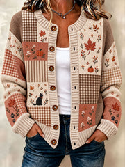 Frauen Herbst Ahornblatt Kürbis Katze Strickjacke im Stil Strickjacke