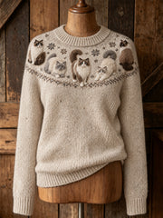 Damenpullover mit niedlichem Katzenmotiv, lässig, langärmlig