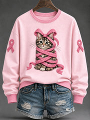 Damen Pink Ribbon Tabby Cat Print Lässiges reguläres Sweatshirt