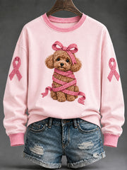 Damen-Sweatshirt mit rosa Bändchen-Pudel druck lässig, regelmäßig