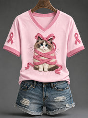 Frauen rosa Band Ragdoll Katze Print Casual T-Shirt