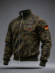 Gedenk-Grafikdruck-Langarmjacke mit Stehkragen zum Tag der Einheit der Männer