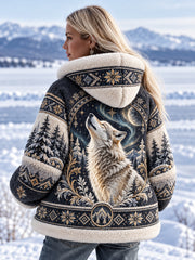 Langarm-Kapuzen pullover mit Fleece-Ausgekleidet, Nordischer Wald, Tier druck