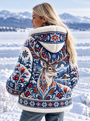 Damen-Kapuzenpullover mit nordischem Waldtier-Print, fleecegefüttert und langärmlig