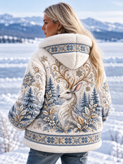 Damen-Kapuzenpullover mit nordischem Waldtier-Print, fleecegefüttert und langärmlig