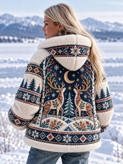 Damen-Kapuzenpullover mit nordischem Waldtier-Print, fleecegefüttert und langärmlig