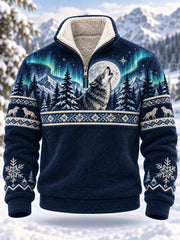 Herren-Sweatshirt mit nordischem Waldtier-Motiv, langärmlig und fleecegefüttert