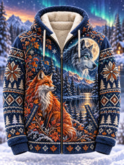 Herren-Kapuzenjacke mit nordischem Waldtier-Print und Fleece-Innenfutter