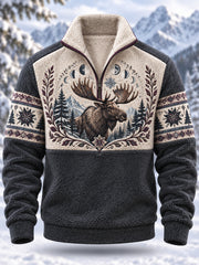 Herren-Sweatshirt mit nordischem Waldtier-Motiv, langärmlig und fleecegefüttert