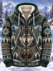 Herren-Kapuzenjacke mit nordischem Waldtier-Print und Fleece-Innenfutter