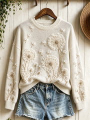 Damen Vintage Klassische Löwenzahn-Kunstdruck pullover mit Rundhals ausschnitt
