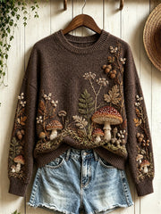 Damen Vintage Classy Wald Pilz Floral Art Print Rundhals pullover