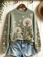 Damen-Vintage-Strickpullover mit klassischem Löwenzahn-Art-Print und Rundhalsausschnitt