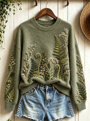 Damen-Pullover im Vintage-Stil mit klassischem Waldfarn-Blumen-Art-Print und Rundhalsausschnitt