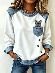Damen Peeking Französische Bulldogge Faux Taschen druck Denim Patchwork Top