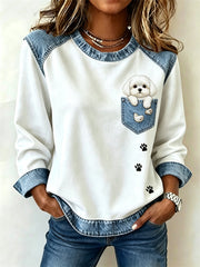 Frauen Peeking Malteser Hund Faux Taschen druck Denim Patchwork Top