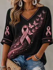 Damen-T-Shirt mit Brustkrebs-Aufdruck, rosa Schmetterling, mittellange Ärmel, V-Ausschnitt