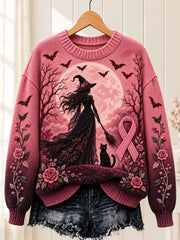 Damen-Halloween-Pullover mit Hexenmotiv und Rundhalsausschnitt zum Brustkrebsbewusstsein