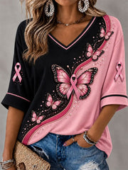 Frauen Brustkrebs Rosa Schmetterling Mittellänge Ärmel V-Ausschnitt T-Shirt