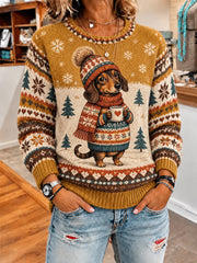 Damen-Sweater mit niedlichem Hundemuster für den Winter, lässig geschnitten
