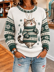 Damen-Sweatshirt mit niedlichem Winter-Motiv: fette Katze, lässiger Stil