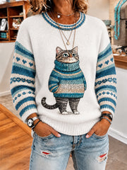 Damen-Sweatshirt mit niedlichem Winter-Motiv: fette Katze, lässiger Stil