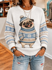 Damen-Sweater mit niedlichem Hundemuster für den Winter, lässig geschnitten