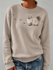 Damen-Sweatshirt mit niedlichem, flauschigem persischem Katzen- und Pfotenabdruck-Muster