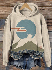 Kuscheliger Damen-Kapuzenpullover mit japanischem Minimalismus-Motiv: Katze und Landschaft