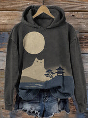 Kuscheliger Damen-Kapuzenpullover mit japanischem Minimalismus-Motiv: Katze und Landschaft