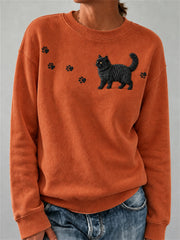 Damen-Sweatshirt mit niedlichem, flauschigem Schwarzkatzen- und Pfotenabdruck-Print