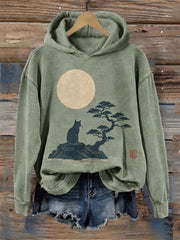 Frauen Katze & Landschaft Japanischer Minimalismus Kunst Gemütlicher Hoodie